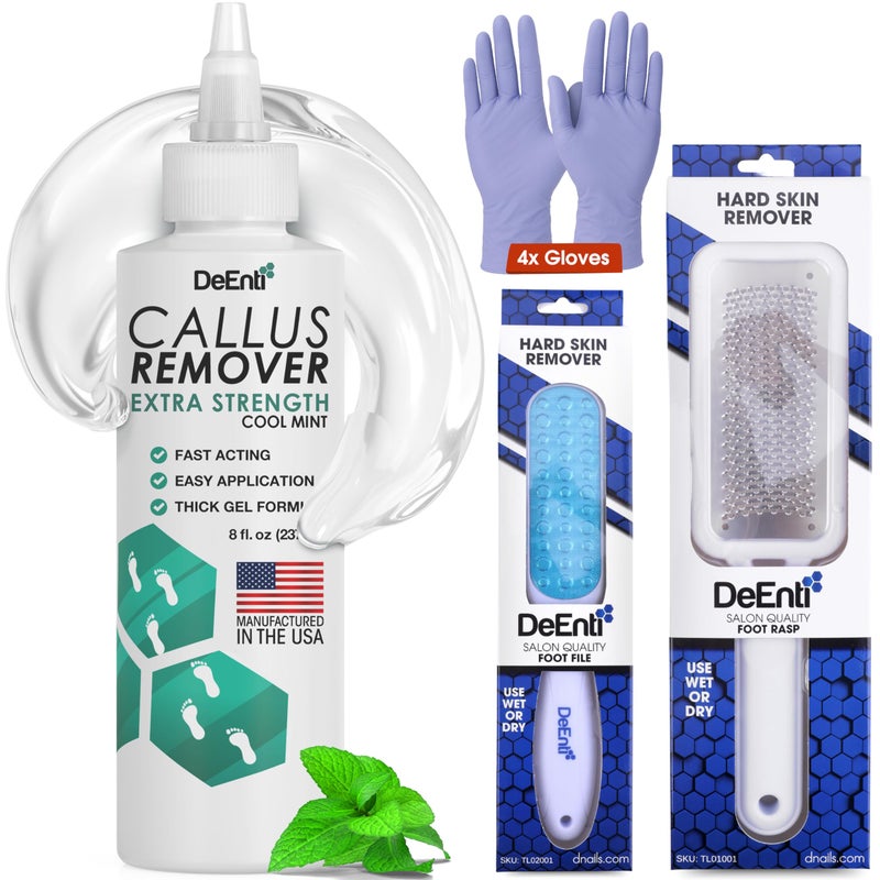 DeEnti Callus Maintenance Pack Bundle Includes Mint Scented Callus Remover Metal Foot Rasp Foot File and 4 Pairs of Gloves Salon Grade Foot Care Home Manicure and Pedicure Kit